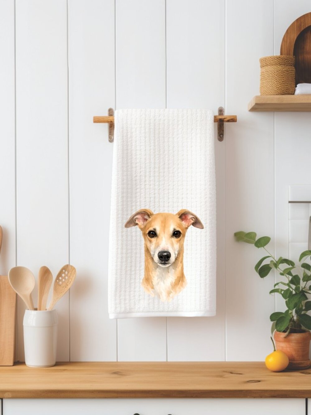 Tan Greyhound Dog Waffle Weave Decorative Kitchen Tea Towel